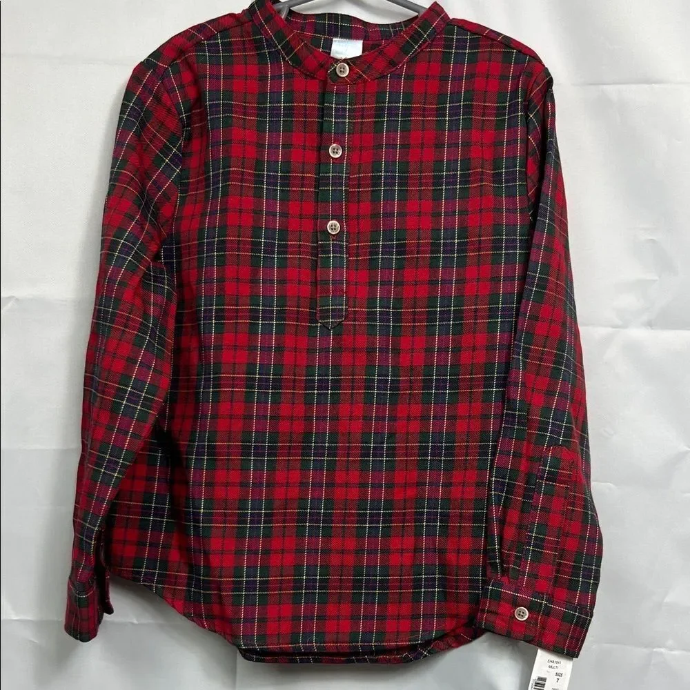 Edgehill collection Red tartan Plaid mandarin collar long sleeve shirt NWT
